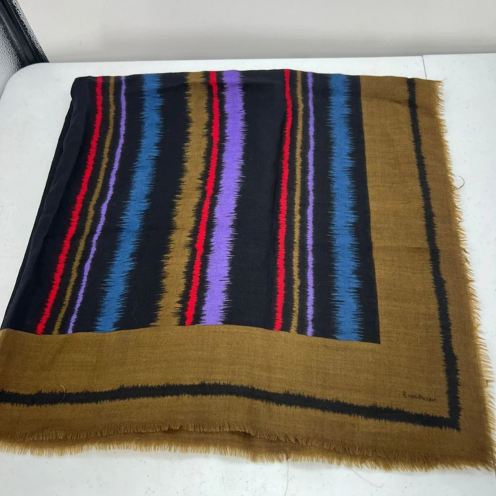 Evan Picone Vintage 100% Wool Stripe Square Scarf Brown Purple Made in Japan